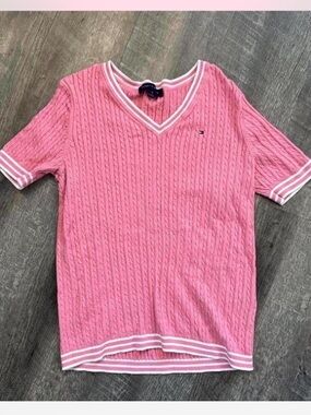 Tommy Hilfiger Pink Cable-Knit V-Neck Sweater Tee
